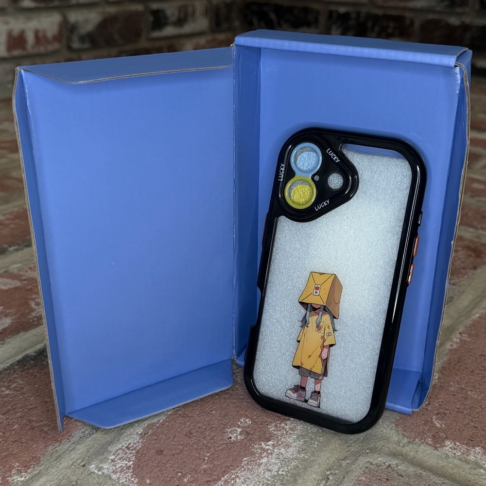 Cute Japanese Style Box Head Girl Cartoon iPhone Case, LUCKY I-Phone 17